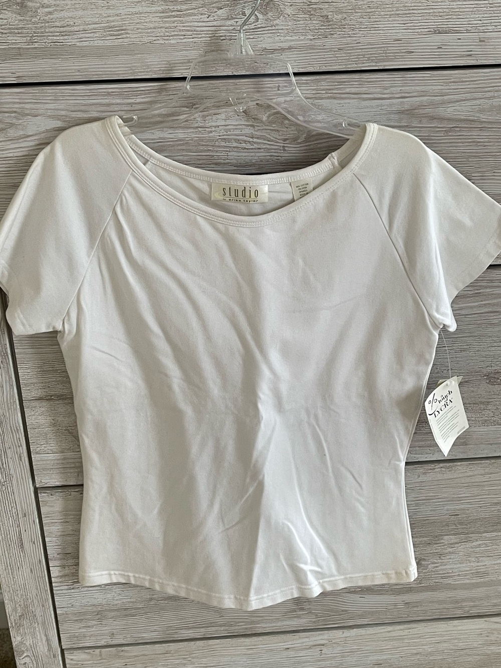 Vintage Studio by Erika Taylor White Scoop Neck Baby Tee with Built In Shelf Bra